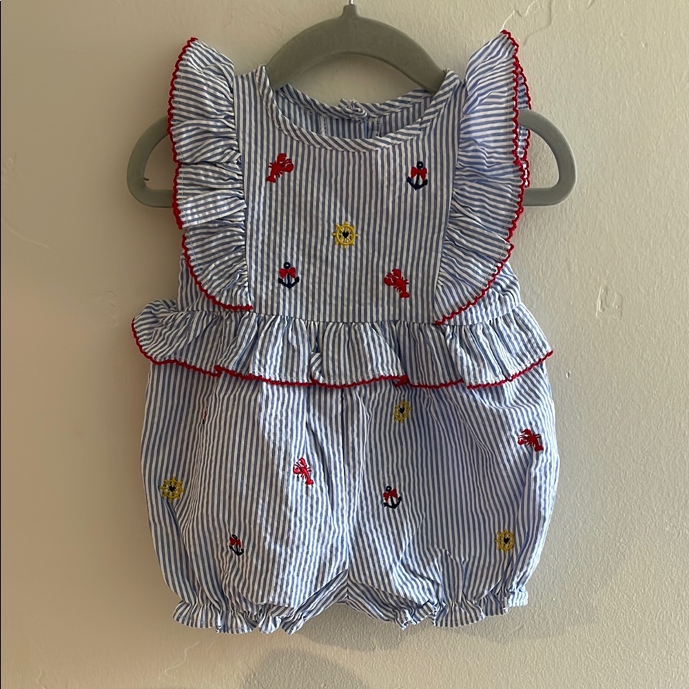 NWT Seersucker Baby Romper with Nautical Embroidered Details